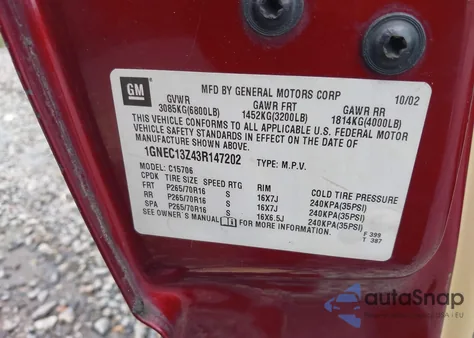 2003 Chevrolet Tahoe Ls z USA, uszkodzony, nr VIN 1GNEC13Z43R147202